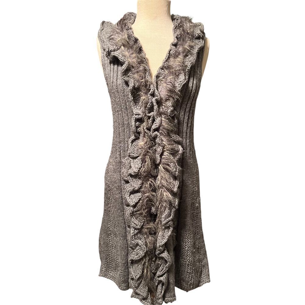 Dressbarn Gray Cable Knit Duster with Faux Fur Size Medium